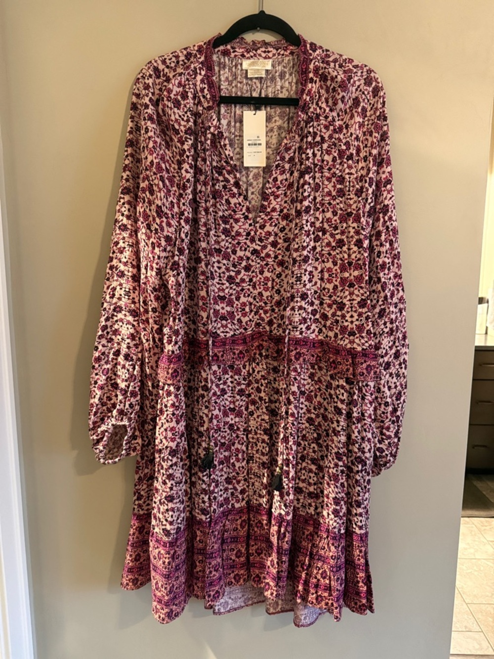 Boho Floral Tiered Tunic Dress in Magenta and light pink